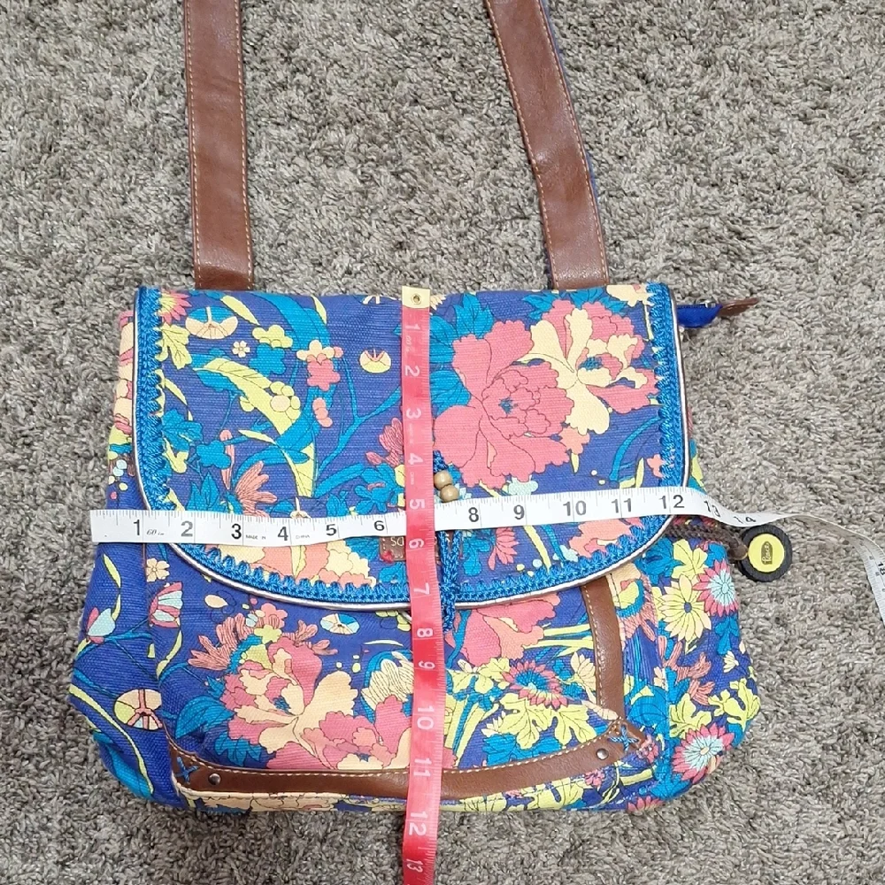 Sakroots Canvas Faux Leather Backpack Messenger Bag - Floral Blue Mulrixolor